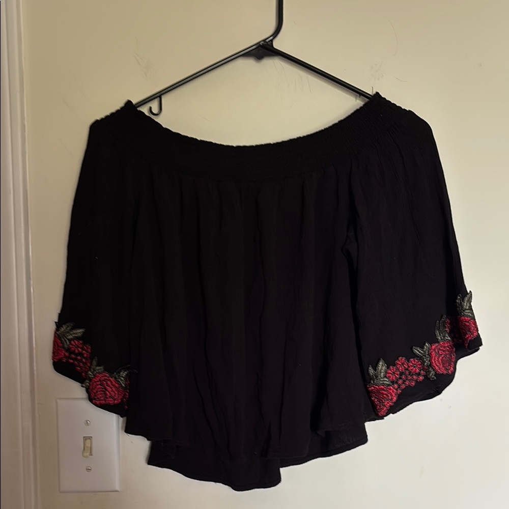Ambiance Black Blouse with Red Floral Embroidery